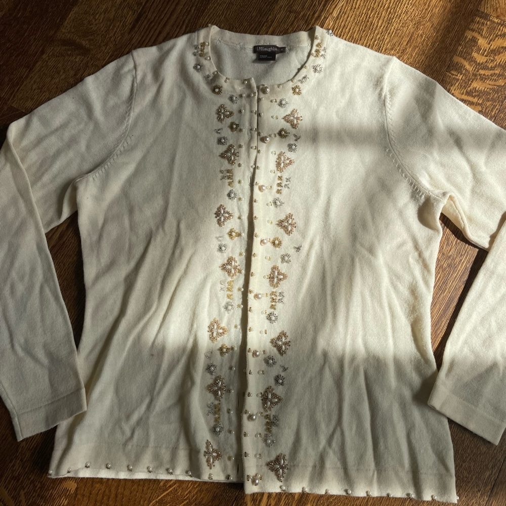 J. Mclaughlin Wool Button Up Sweater with Beaded Detail